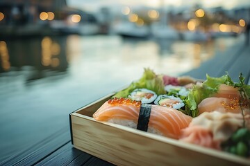 A modern take on a traditional bento box perfectly arranged against an isolated background with a glimpse of the harbo