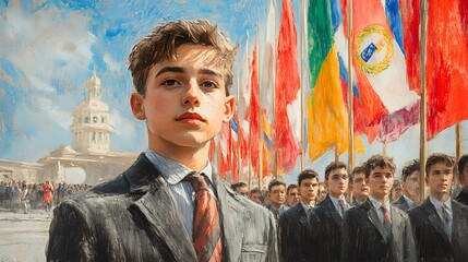 Youthful Leader Amidst International Flags and Crowd