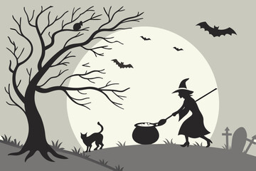 Witchy Halloween Silhouettes Clip Art — Flying Witch, Broom, Cats, Cauldron, Spells & Moon for Halloween Decor SVGs