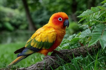 Fototapeta premium Vibrant parrot in garden setting