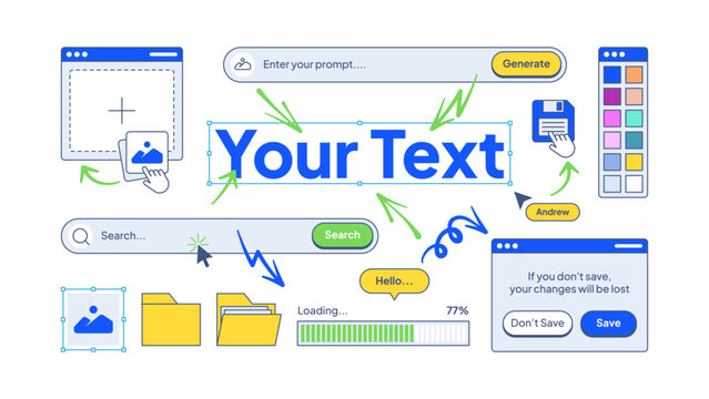 Retro Modern UI Design Elements Set. Hand Drawn Arrows, Digital Windows, Icons, Buttons, Loading Frames. Flat Vector for Web, App, and Interface Mockups.