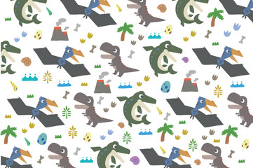 Patterned illustrations of cute dinosaurs. The dinosaurs depicted are Tyrannosaurus, Mosasaurus, and Quetzalcoatlus.