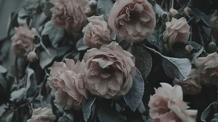 A captivating close-up of pale pink roses, their soft petals and frosted leaves suggesting a