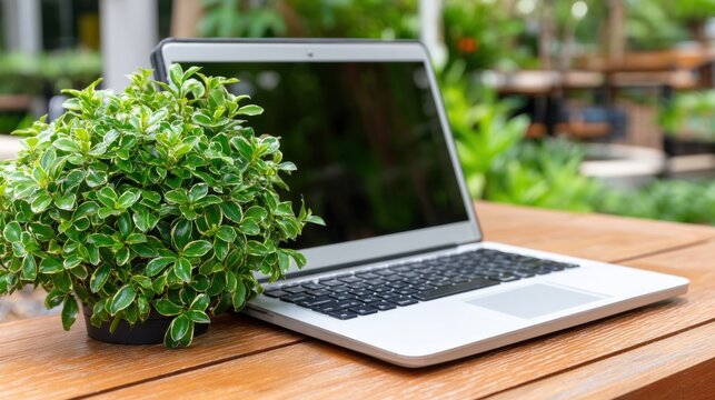 Laptop computer placed on wooden table beside a lush green potted plant in an outdoor garden setting