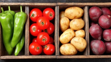 Fresh vegetables including green peppers, tomatoes, potatoes, and red onions arranged in wooden compartments