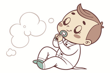 Obraz premium Vector cute Baby Boy cartoon character, with a sweet sigh and contented smile, wearing a soft white onesie and holding a pacifier, in a calm, serene style, isolated on white background