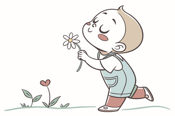Vector cute Baby Boy cartoon character, with a sweet, innocent expression and rosy cheeks, wearing a light blue romper and holding a small flower, in a gentle, endearing style, isolated on white backg