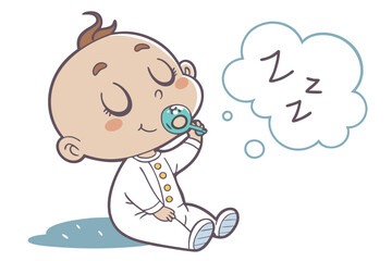 Vector cute Baby Boy cartoon character, with a sweet sigh and contented smile, wearing a soft white onesie and holding a pacifier, in a calm, serene style, isolated on white background