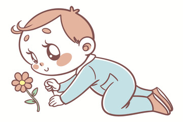 Obraz premium Vector cute Baby Boy cartoon character, with a sweet, innocent expression and rosy cheeks, wearing a light blue romper and holding a small flower, in a gentle, endearing style, isolated on white backg