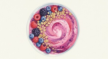 Fototapeta premium Smoothie bowl with granola and berries, top view, watercolor style