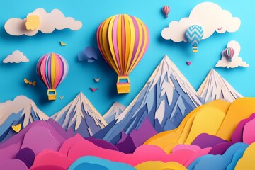 Colorful paper hot air balloons over mountainscape