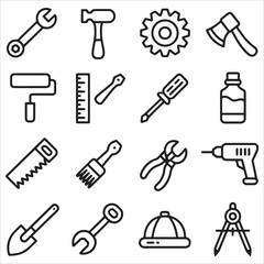 Assorted Tool Icons Representing Construction Repair and Building including Wrench Hammer Saw Compass and Drill Tools for Repairing and Building