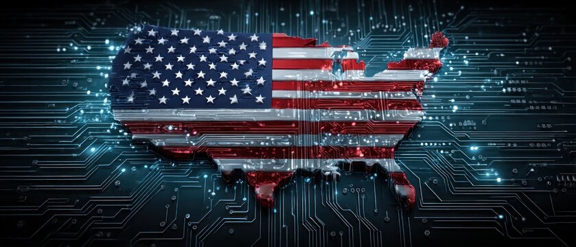 USA map as American flag with circuit board background - Powered by Adobe