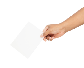 Hand holding blank paper label and mockup for design advertising on isolated white background