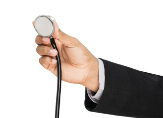 Man doctor hand holding medical stethoscope on isolated background