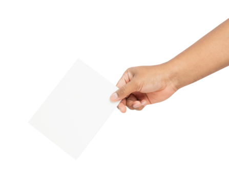 Hand holding blank paper label and mockup for design advertising on isolated white background