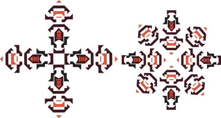 A cross-shaped geometric ornament in ethnic style, rendered in symmetrical red and black shapes.