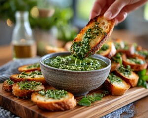 Toasted bread topped with pesto