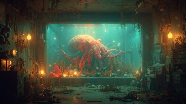 Cinematic animation of a giant octopus in a large aquarium tank inside a mysterious steampunk room, with a slow zoom-in motion.