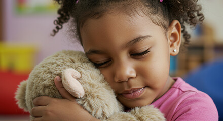 Young child affectionately hugging a soft stuffed teddy bear toy with eyes closed in a classroom setting