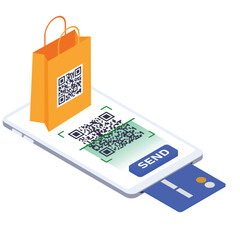 Money Transfer Isometric. Vector illustration of QR code scanned by smartphone with shopping bag, completing a payment. Isolated on background