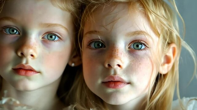 Two young Caucasian girls with light blonde hair and blue eyes. They have fair skin and are wearing light-colored clothing. The background is soft and neutral. Generative 4k video.
