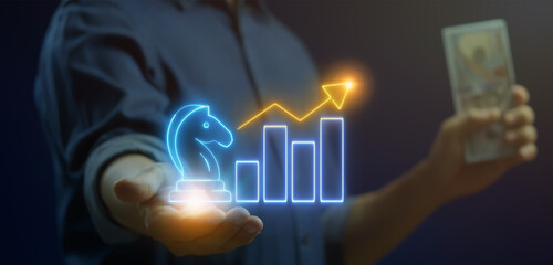 Strategic Planning concept is a process where organizations define their future vision, goals, and objectives, and outline how to achieve them. Strategic insights icon on magnifying glass.