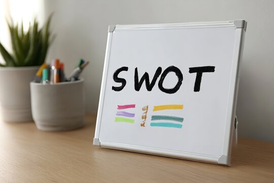 SWOT analysis framework on a desk with stationery in a well-lit workspace during the daytime