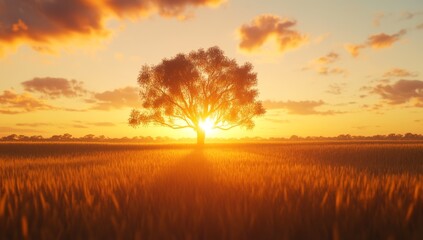 Golden Sunset Over Wheat Field with Solitary Tree (2)
