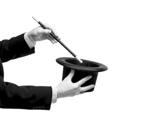 Magician in white gloves holding a wand over a top hat isolated on transparent background