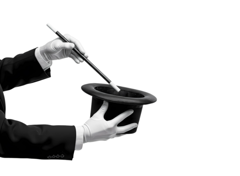 Magician in white gloves holding a wand over a top hat isolated on transparent background
