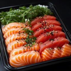 Freshly sliced salmon and tuna sashimi in a black container.