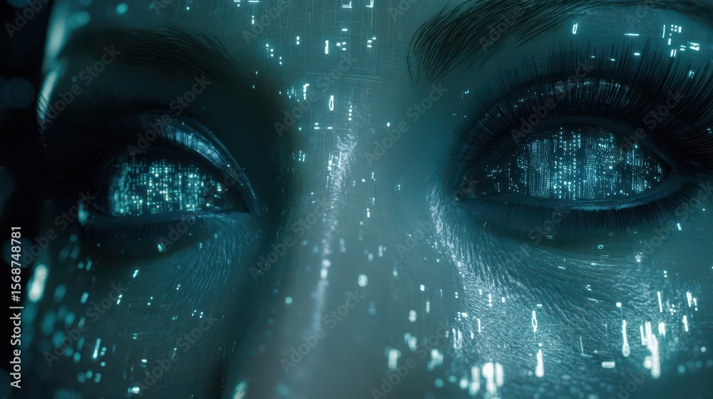 Aufkleber Close-up view of an eye with digital code patterns.