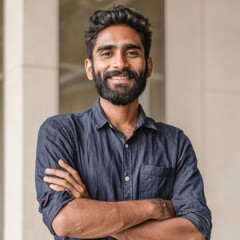 Confident young man with beard smiling in casual shirt indoors