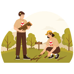 Scout Activity Illustration. Vector illustration of A scout boy and girl preparing firewood for a campfire during an outdoor camping activity. Isolated on background