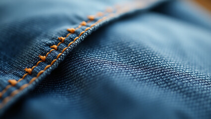 Close-up detail on the rough blue denim fabric, featuring contrasting double orange stitching and distinctive weave pattern.