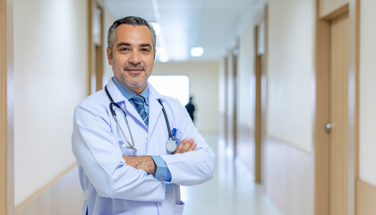 Close-up of a doctor portrait in a confident middle-aged white gown.