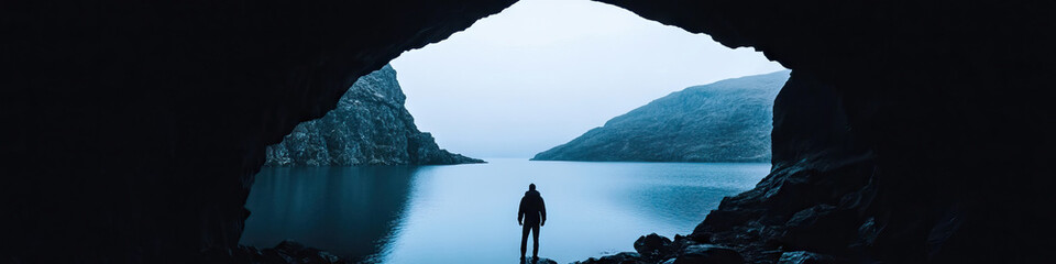 Fototapeta premium Person Observing Coastal Inlet from Cave Opening