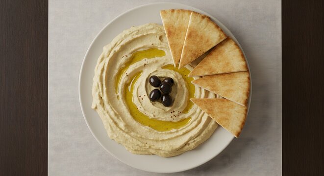 Middle Eastern minimalist table with hummus, olives and pita bread on warm-toned background - Powered by Adobe