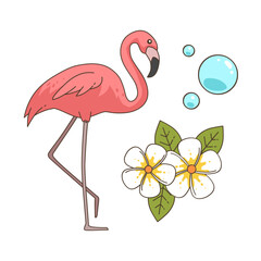 Graceful Flamingo's Paradise: A stunning, hand-drawn flamingo stands proudly beside fresh frangipani flowers and clear bubbles, a whimsical depiction of natural beauty and exotic allure. 