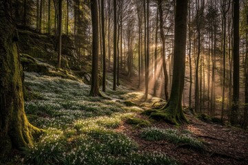 Sunlight Streaming Through a Tranquil Forest Glade
