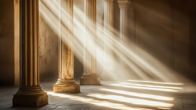 Architectural grandeur sunlit pillars evoking timeless elegance and mystery