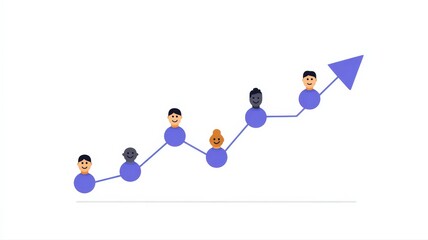 An upward arrow graph where the data points are represented by small, smiling person icons, team growth concept.