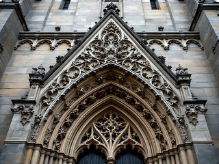Obraz premium Detailed view of Gothic stone carving with arches and floral motifs. Ideal for history, architecture, and ornamental structure visuals