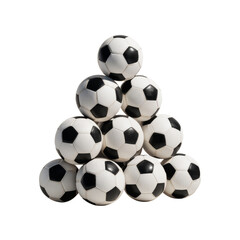 Pyramid of soccer balls arranged in playful manner, showcasing classic black and white design. This evokes sense of fun and sportsmanship