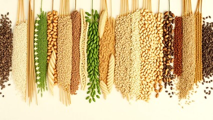 "Top-Down View of Diverse Grains and Cereals Arranged in Vertical Rows"