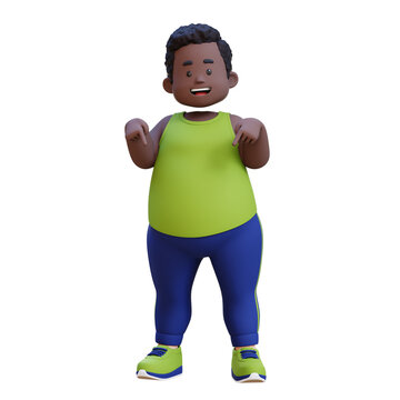 3D plus size overweight obesse african man pointing to bottom