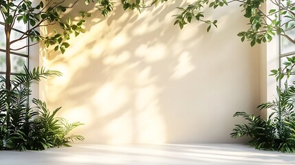 Minimalist interior with natural light and lush greenery creating a calming background for product placement or artistic designs