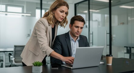 Fototapeta premium Photo of colleagues collaborate on a laptop in office