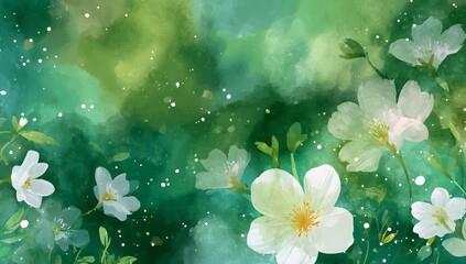 Cute cartoon watercolor green spring background with white flowers and bokeh lights